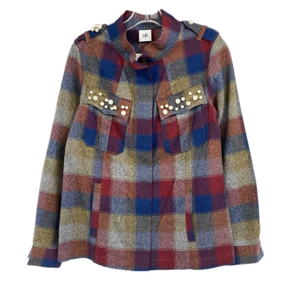 CAbi Red Blue Utility Jacket Plaid Pearl Accent Shacket | Womens S